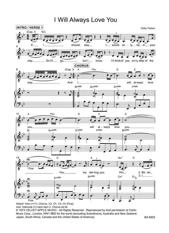 Notenbeispiel I will always love you